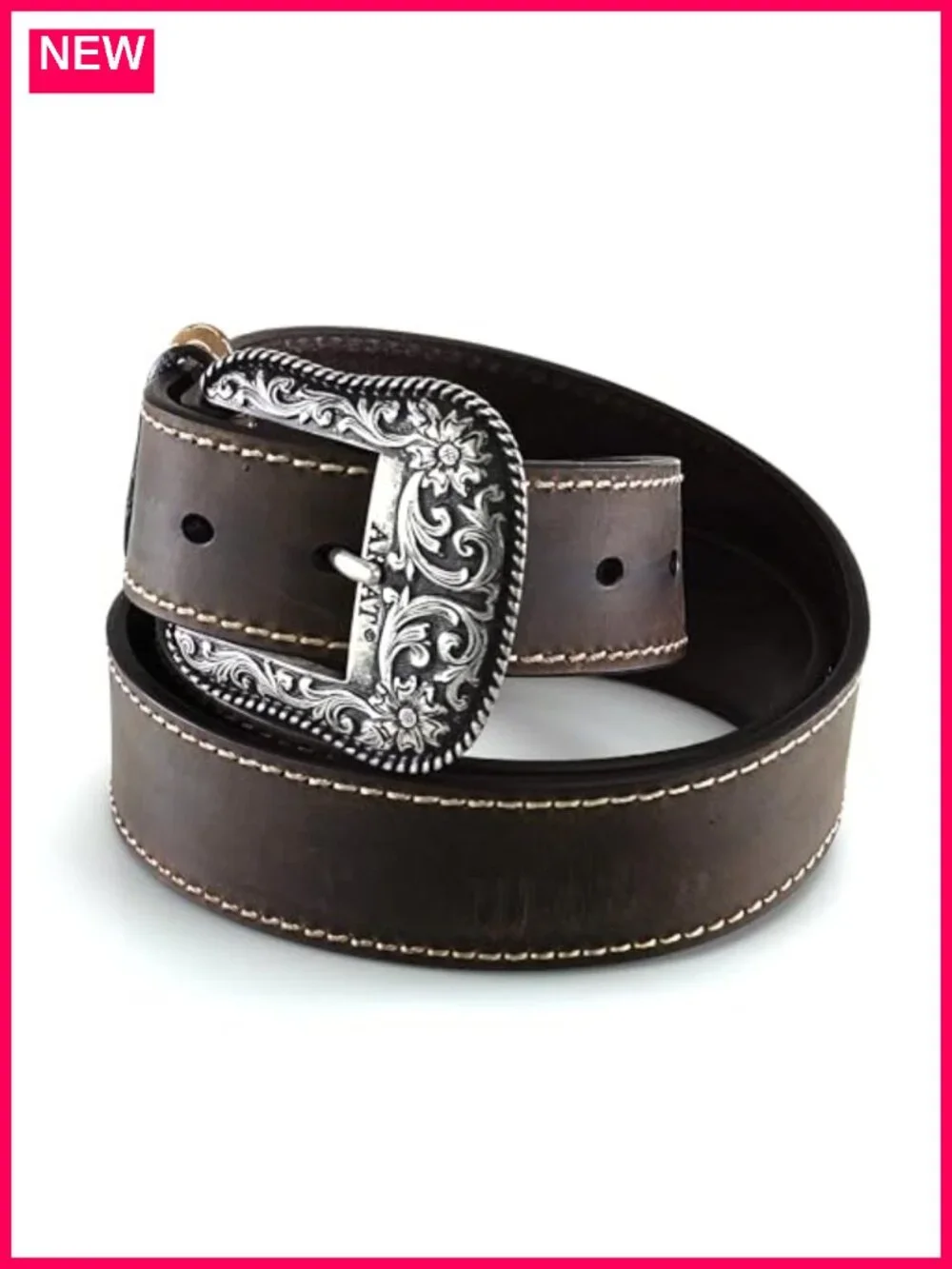 Genuine Leather Western Belt Heavy Stitch Silver-Tone Buckle